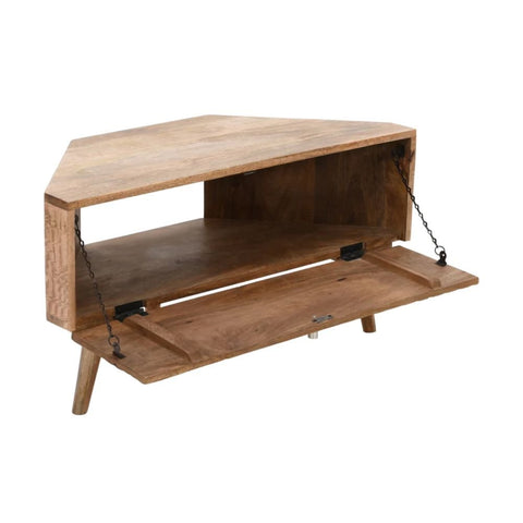 Jodhpuri Light Mango Wood Corner TV Stand | Solid Wood Media Console – Oakvello