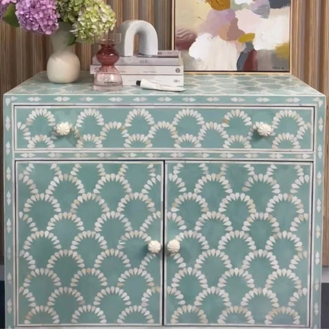 Green Shell Pattern Bone Inlay Sideboard | Handcrafted Artisan Living Room Storage – Oakvello