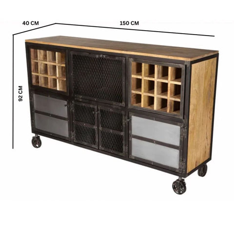 Jaipuri Industrial Solid Wood Bar Cabinet | Home Bar Storage Furniture – Oakvello