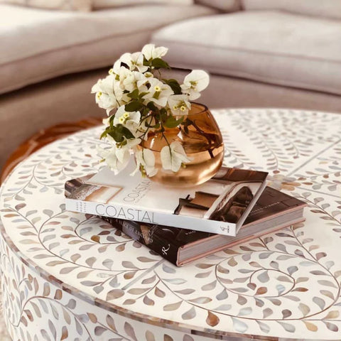 White Mother of Pearl Coffee Table | Handcrafted Artisan Living Room Furniture – Oakvello