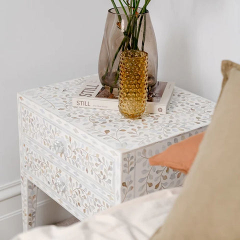 Floral Mother of Pearl 2-Drawer Bedside Table | Handcrafted Artisan Nightstand – Oakvello
