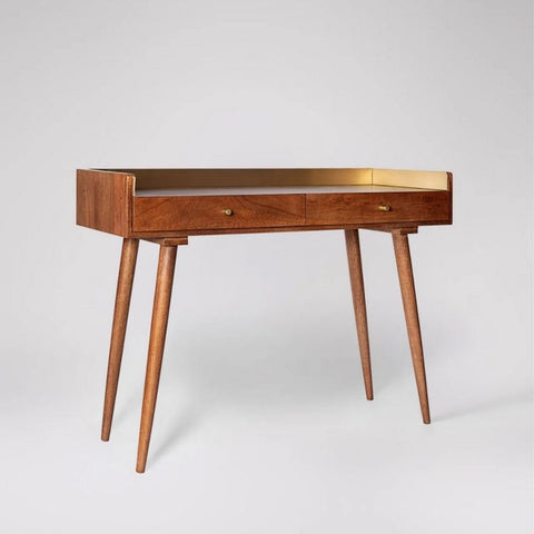 Retro Gold Trimmed Solid Wood Study Desk | Home Office Writing Table – Oakvello