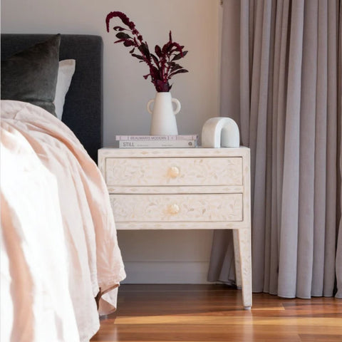 Jaipuri White Floral Bone Inlay 2-Drawer Bedside Table | Handcrafted Nightstand – Oakvello