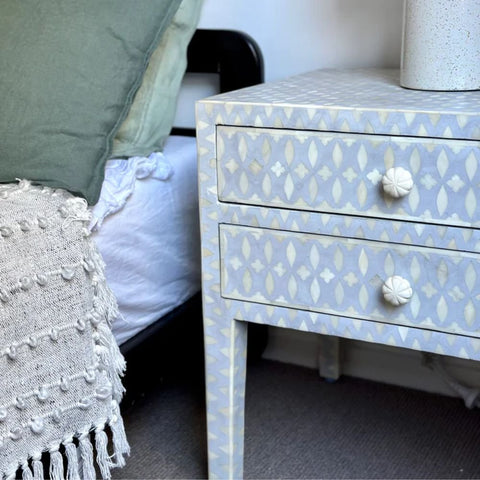 Jaipuri Grey Lattice Bone Inlay Bedside Table | Handcrafted Nightstand – Oakvello