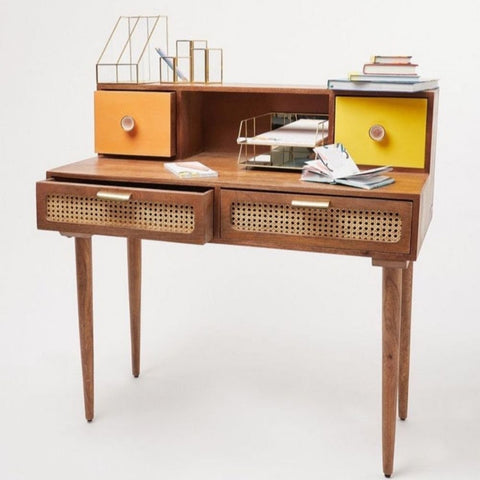 Rattan & Solid Wood Study Table | Natural Boho Home Office Desk – Oakvello