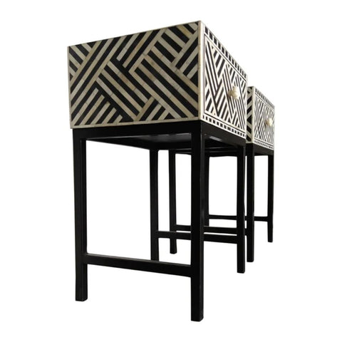 Jaipuri Bone Inlay Bedside Table with Steel Legs | Handcrafted Nightstand – Oakvello