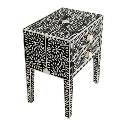 Ajmeri Black Floral Bone Inlay 2-Drawer Bedside Table – Oakvello
