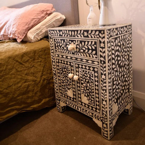 Ajmeri Black Floral Bone Inlay Bedside Table with Cabinet – Oakvello