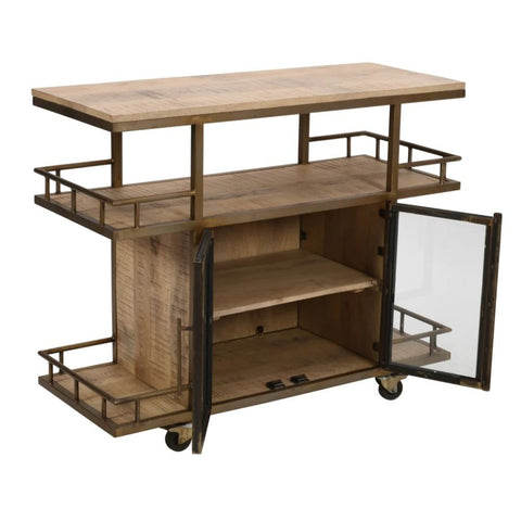 Jodhpuri Natural Wood Wine Trolley with Double Door Storage | Home Bar – Oakvello