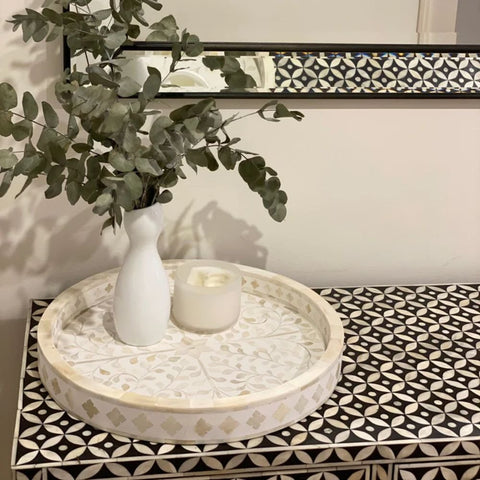 White Floral Bone Inlay Round Tray | Handcrafted Artisan Decorative Accessory – Oakvello