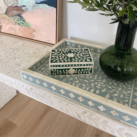 Dusty Blue Floral Bone Inlay Decorative Tray | Handcrafted Artisan Accessory – Oakvello
