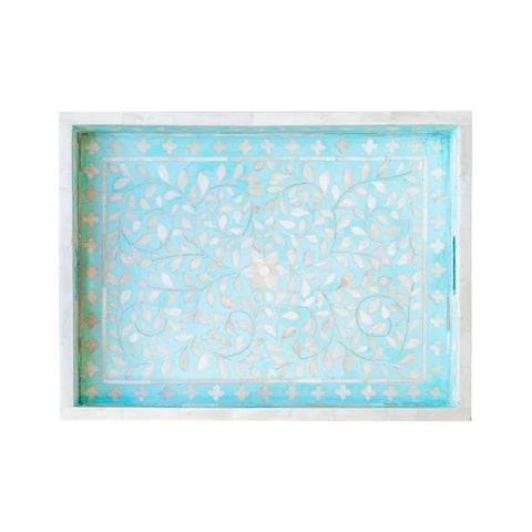 Aqua Green Floral Bone Inlay Decorative Tray | Handcrafted Artisan Accessory – Oakvello