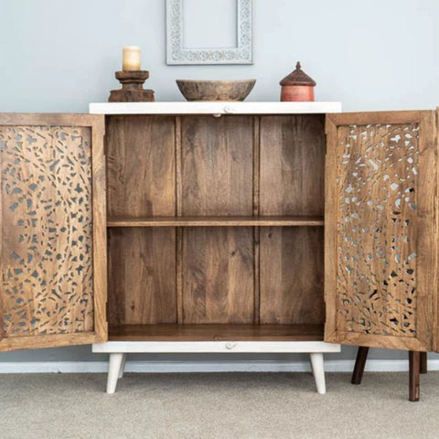 Hand Carved Mandala Solid Wood Cabinet | Artisan Storage Furniture – Oakvello