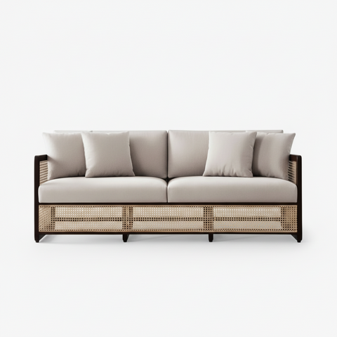 Veda Fabric Rattan Sofa | Walnut Wood Frame with Cane Weave – Oakvello