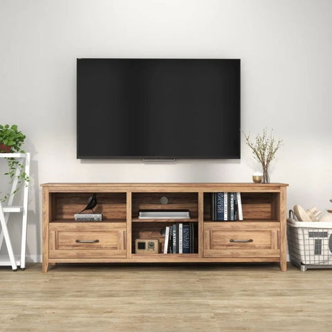 Solid Wood TV Stand | 2 Drawers & 4 Open Shelves Media Console – Oakvello