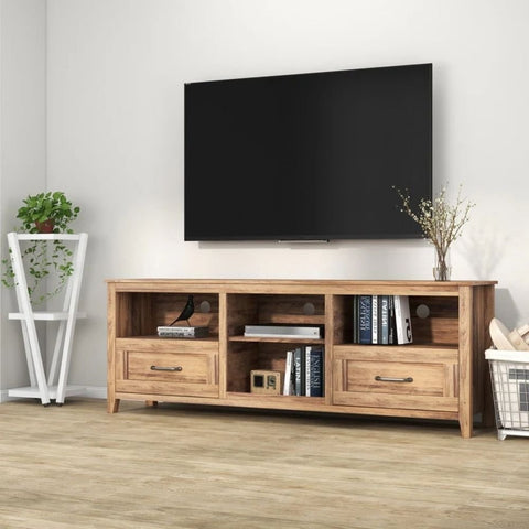 Solid Wood TV Stand | 2 Drawers & 4 Open Shelves Media Console – Oakvello
