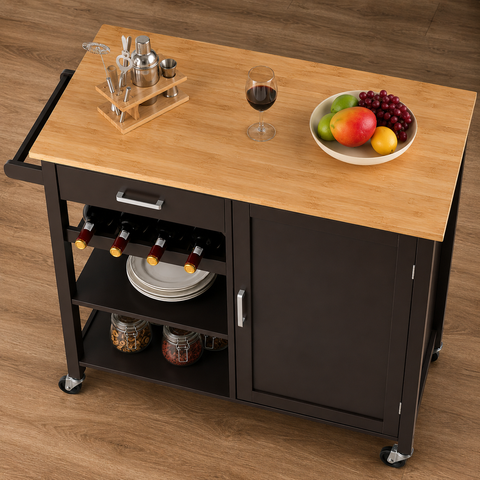 Brown Solid Wood Trolley Storage Cabinet | Mobile Kitchen & Living Room Furniture – Oakvello