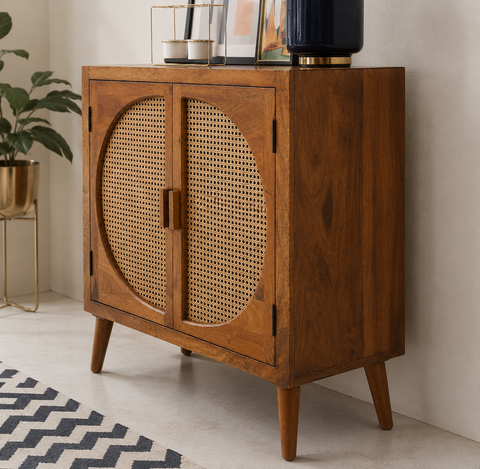 2-Door Mango Wood & Cane Cabinet | Boho Storage Sideboard – Oakvello