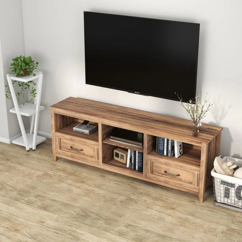 Solid Wood TV Stand | 2 Drawers & 4 Open Shelves Media Console – Oakvello