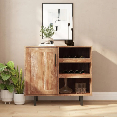 Light Brown Solid Wood Bar Cabinet | Open & Closed Home Bar Storage – Oakvello