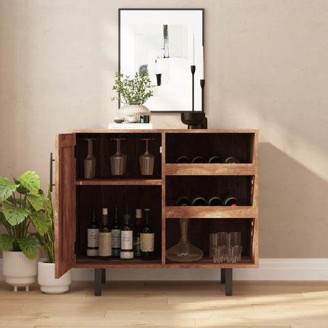Light Brown Solid Wood Bar Cabinet | Open & Closed Home Bar Storage – Oakvello
