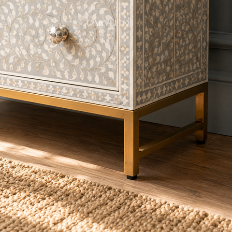 Bone Inlay Floral 3-Drawer Dresser – White & Grey