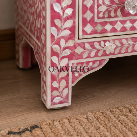 Blush Rose Floral Bone Inlay 2-Drawer Bedside Table
