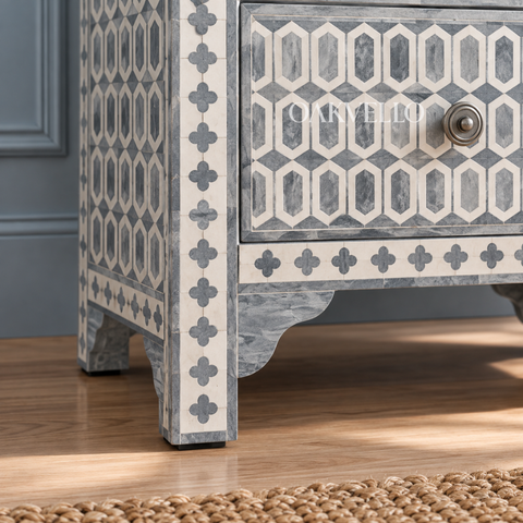 Bone Inlay Geometric 2-Drawer Bedside Table – Grey & White