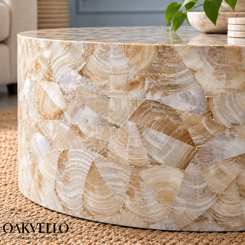 Monochrome Luxe Round Bone Inlay Coffee Table | Handcrafted Artisan Living Room Furniture – Oakvello