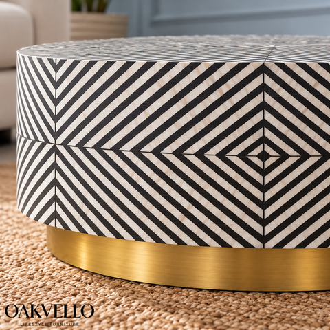 Monochrome Luxe Round Bone Inlay Coffee Table | Handcrafted Artisan Living Room Furniture – Oakvello