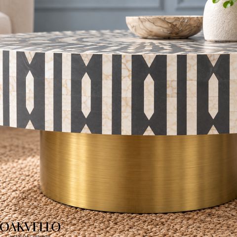 Floral Geometric Bone Inlay Coffee Table| Handcrafted Artisan Living Room Centre Table – Oakvello