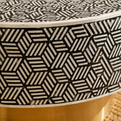 Round Bone Inlay Geometric Diamond Coffee Table | Black & White | 90cm