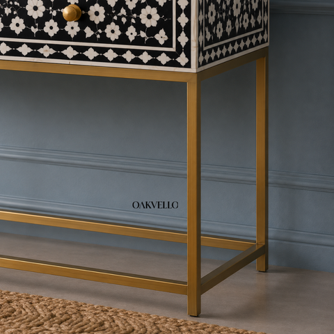 Noir Bloom Console Table | Black & White Bone Inlay with Brass Knobs