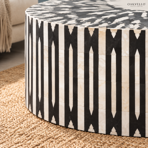 Black Stripe Round Bone Inlay Coffee Table | Handcrafted Artisan Living Room Furniture – Oakvello