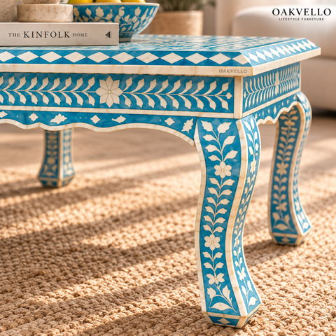 Blue Floral Bone Inlay Coffee Table I Oakvello