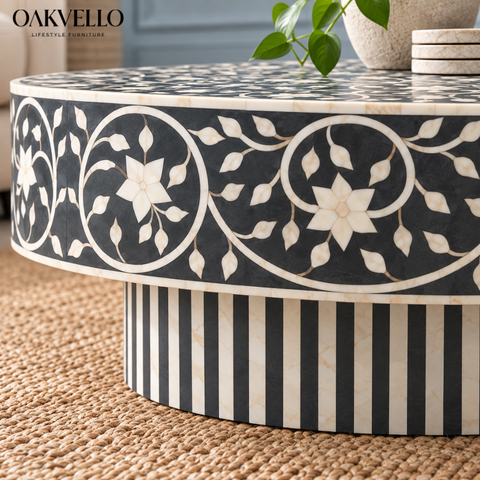 Black & White Bone Inlay Coffee Table | Handcrafted Artisan Living Room Furniture – Oakvello