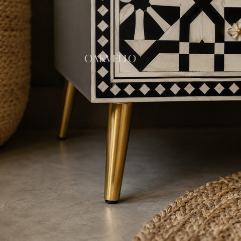Bone Inlay Geometric Star 2-Drawer Bedside Table – Black & White