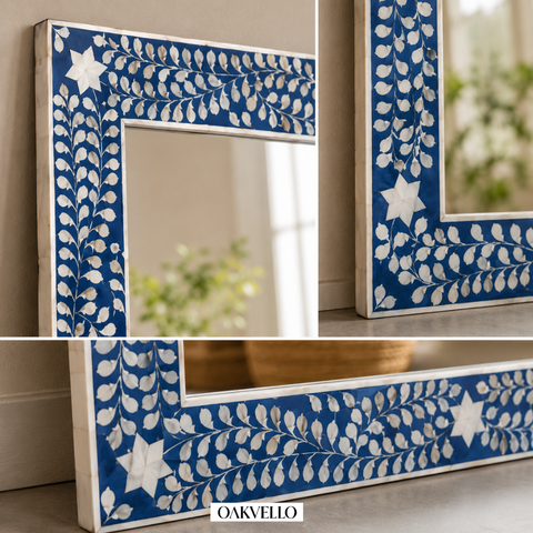 Bone Inlay Full Length Floor Mirror – Navy Blue Floral & Star Pattern