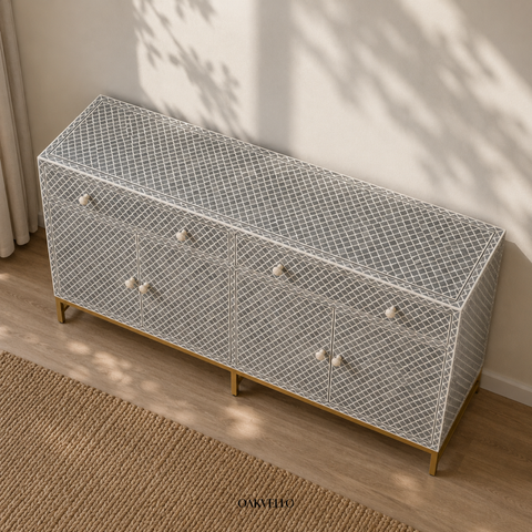 Bone Inlay Moroccan Trellis 4-Door Sideboard – Grey & White