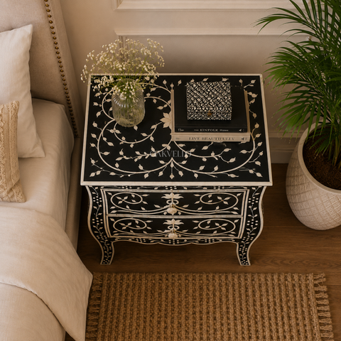 Black Floral Scroll Bone Inlay Bedside Table