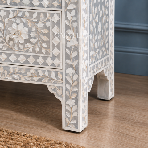 Grey Floral Bone Inlay 2-Drawer Bedside Table