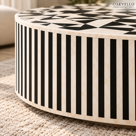 Black & White Diamond Round Bone Inlay Coffee Table | Handcrafted Artisan Living Room Furniture – Oakvello