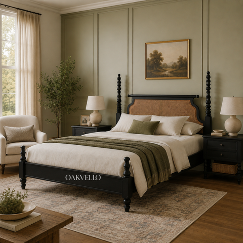 Manor Rattan Poster Bed | Solid Mango Wood & Cane Four-Poster Bed