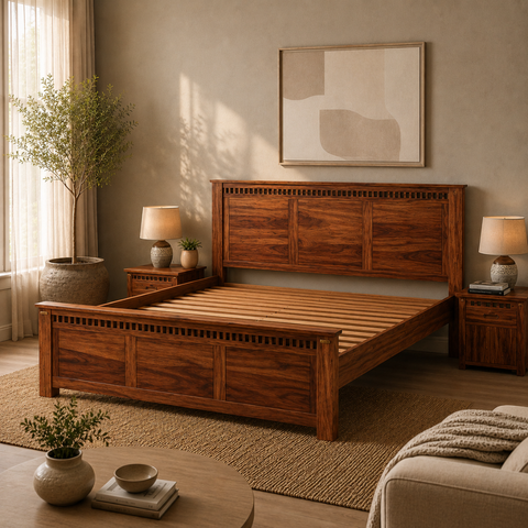 Timber Panel Bed | Solid Mango Wood Bed with Slatted Base | Oakvello