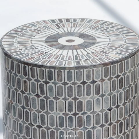 Silver Hex Shell Inlay Drum Side Table