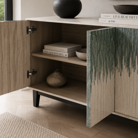Green Carved Bone Inlay Cabinet | Handcrafted Artisan Storage Furniture – Oakvello