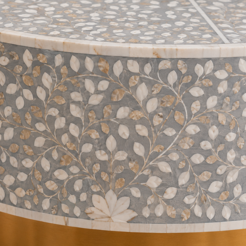 Round Bone Inlay Floral Coffee Table with Brass Gold Base