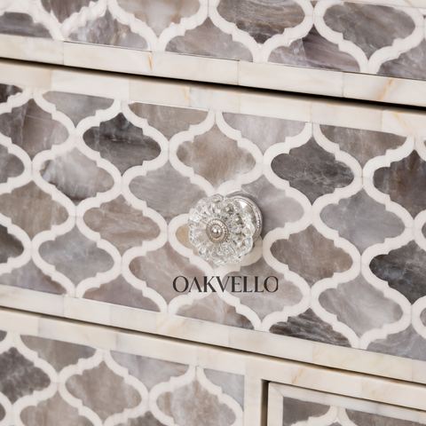 Bone Inlay Moroccan Trellis 1-Drawer 2-Door Bedside Cabinet – Grey & White