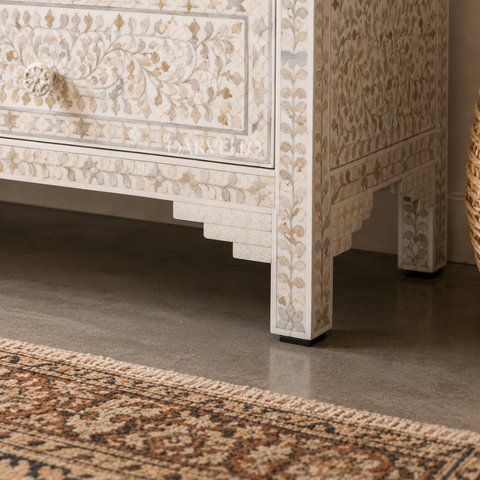 Bone Inlay Floral 7-Drawer Wide Dresser – White