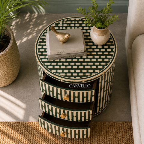 Emerald Lattice Bedside Chest – Bone Inlay Drum Nightstand